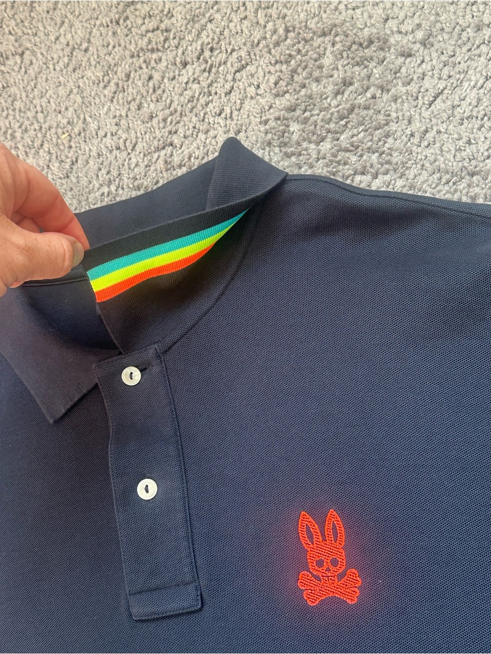 Psycho Bunny Navy Polo with Red Logo and Rainbow Sleeve Trim - Picture 8 of 10